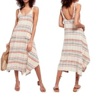 Free People Harper Sleeveless Striped Sz XS Midi Dress Beige Blue Boho Festival
